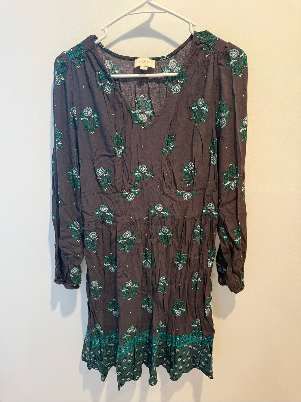 LOFT Black Dress with Green Floral Print - Long Sleeve V-Neck